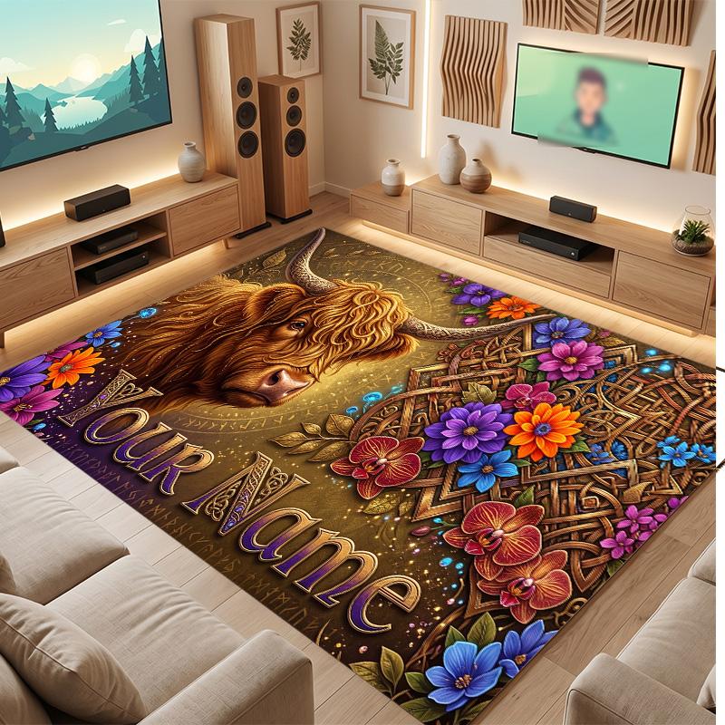 Highland Cow Theme Soft Crystal Velvet Rug Custom Name & Text Print Non Slip Floor Rug for Bedroom Living Room