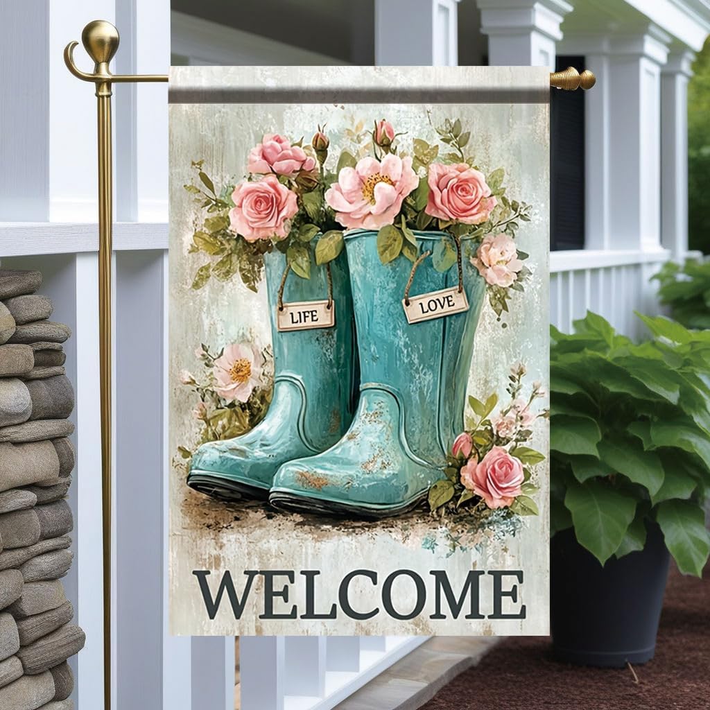 Welcome Garden ag 12x18 Inch Double Sided Outdoor Yard Banner Blue Boots with Pink Roses Life and Love oral Rustic Decor