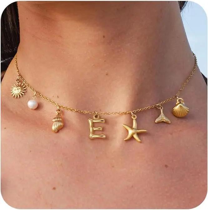Surfer Girl Necklace Beach Jewelry Initial Necklace for Girlfriend Seashell Letter Choker Women Gift Starfish Pearl Accesorios