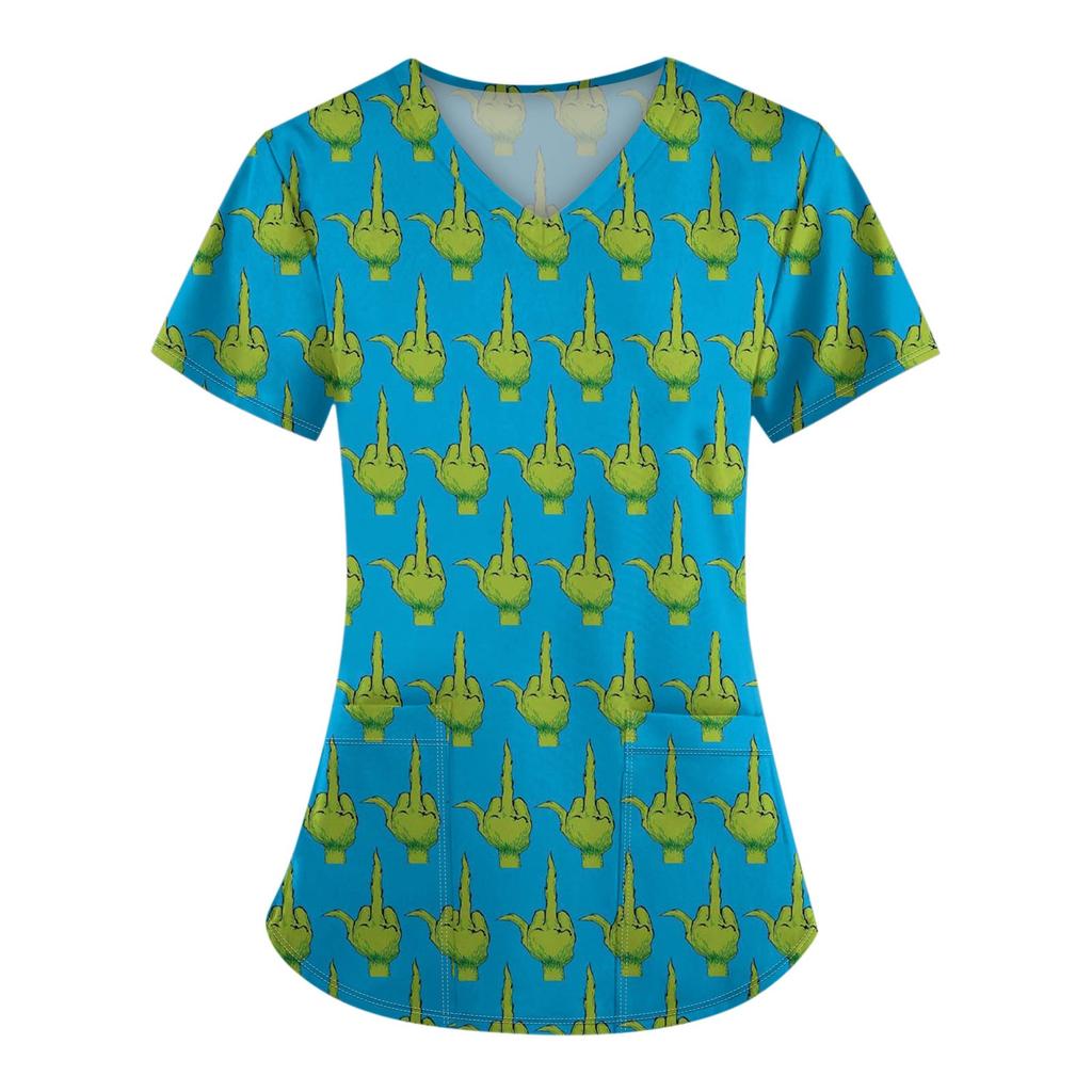 Женские модные топы с короткими рукавами и V-образным вырезом с принтом, рабочие футболки с карманами