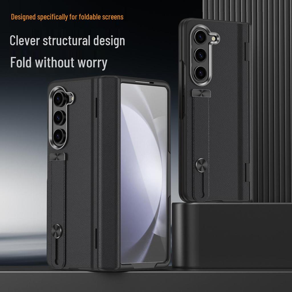 Кожаный чехол для телефона Samsung Z Fold6/5 с защитной пленкой и ремешком на запястье