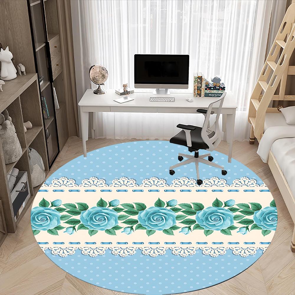 1pc Blue Roses Lace Office Round Rug, Non-slip, Soft and Durable Office Rug for Interior Decoration, Perfect for Office, Beautiful Decoration yy260324