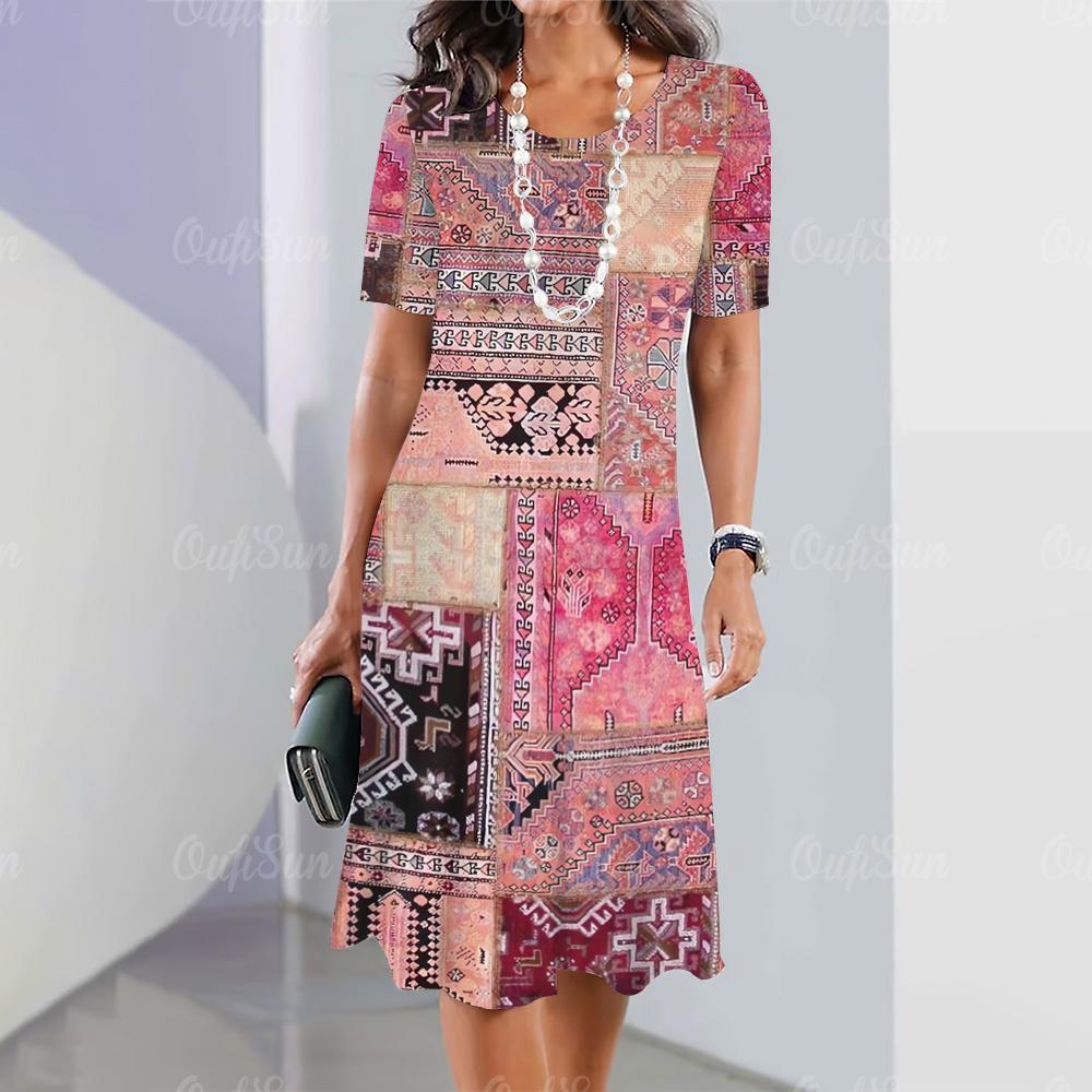 Summer Woman Clothing Short Sleeves Dresses Irregularly Printing Long Dress 3d Retro Women's Clothing Loose Round Neck Pullover