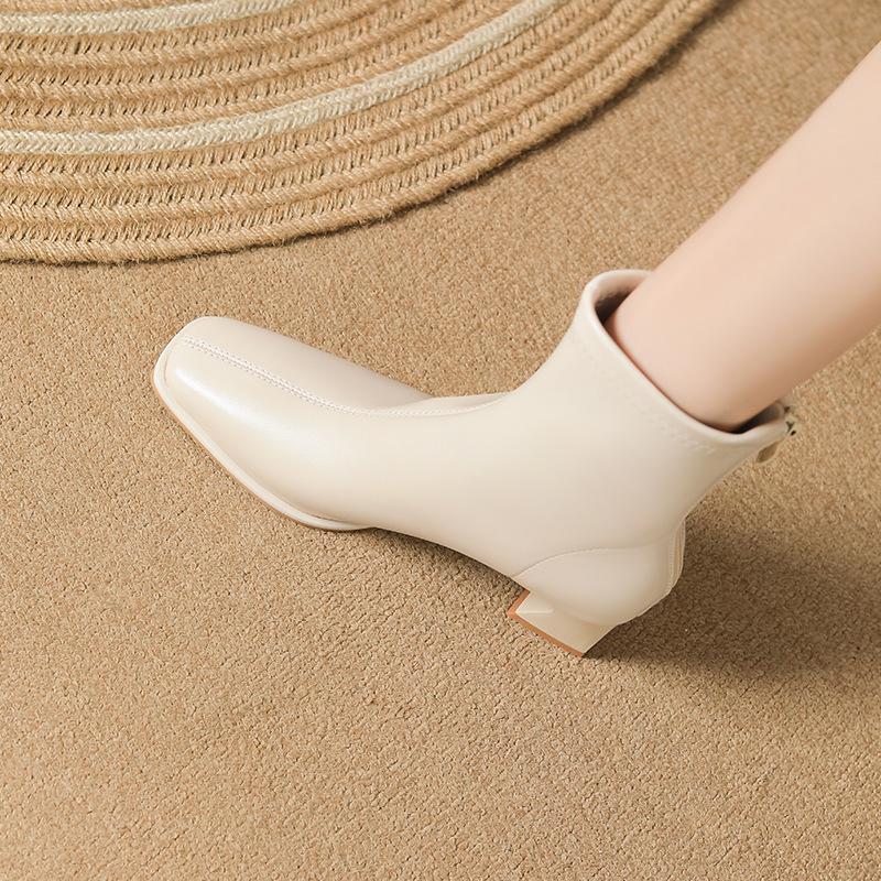 Французские ботильоны на толстом каблуке, женские осенне-зимние новые, для通勤, на молнии, эластичные, с квадратным носком, модные, универсальные, средней высоты, тонкие ботинки