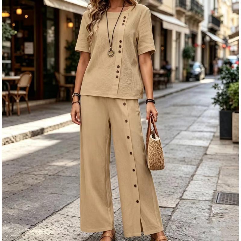 Women's Fashionable Loose Round-neck Button Short-sleeved Shirt and Wide-leg Pants Set
