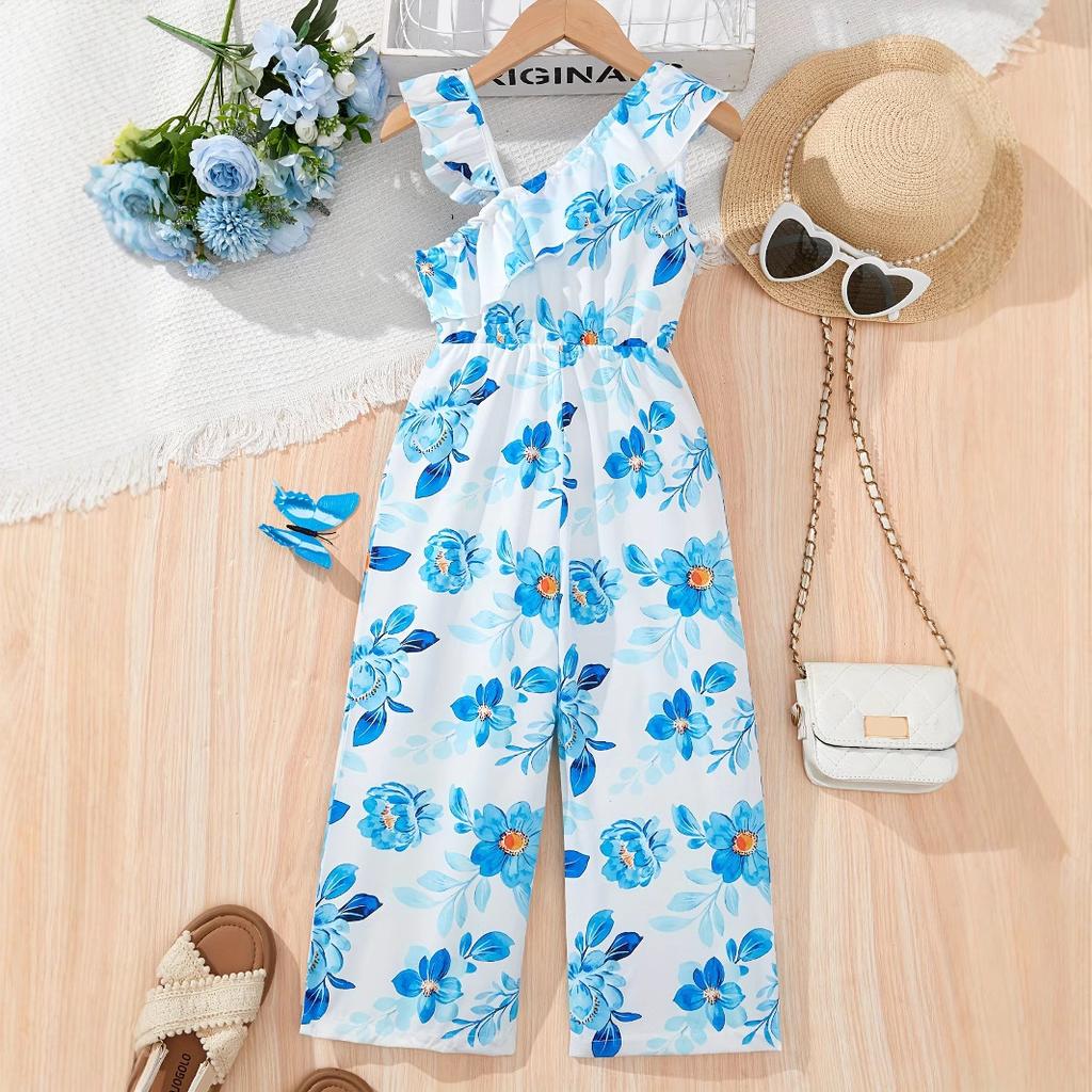 Модный комбинезон с цветочным принтом для девочек, летний повседневный комбинезон для детей