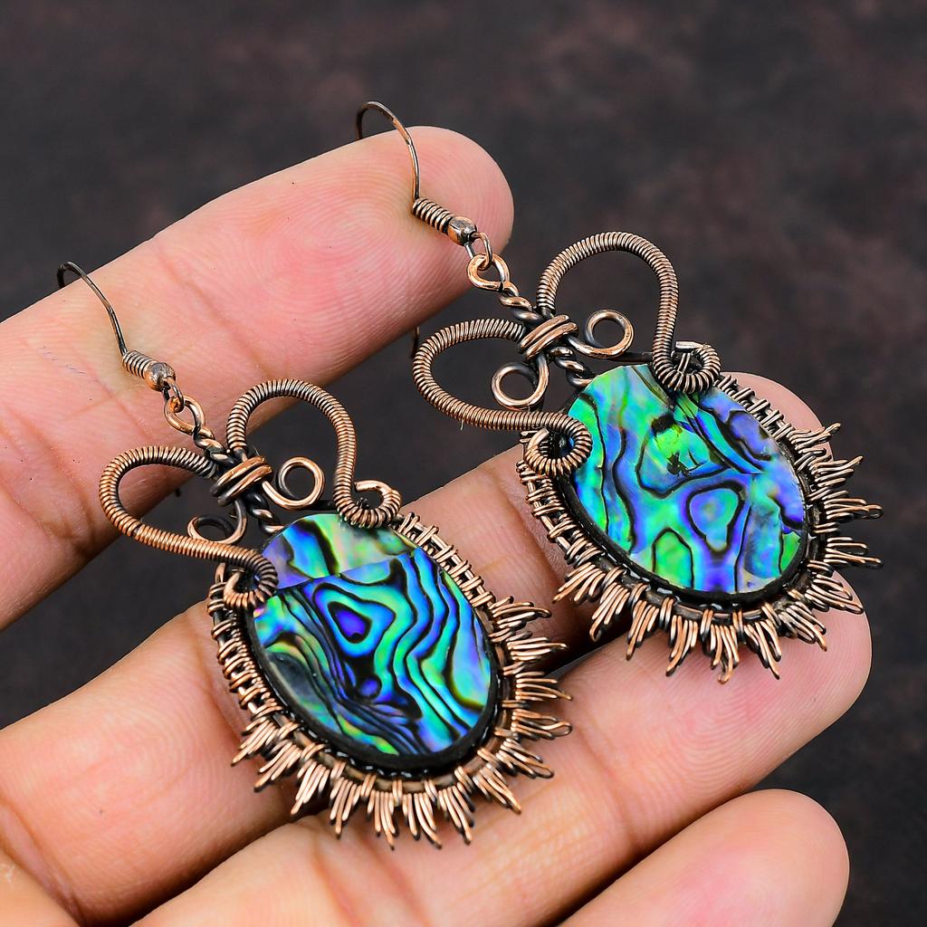 Серьги из раковины морского ушка с драгоценными камнями, серьги из медной проволоки, серьги ручной работы из ракушки морского ушка, ювелирные изделия, подарок для нее, висячие серьги, изящные медные украшения