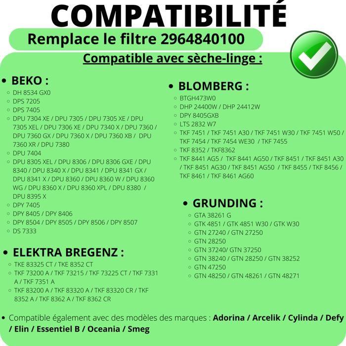 Filtre pour Beko remplacement filtre 2964840100 [Lot 2] Sèche Linge Beko Blomberg Elektra Bregenz Grunding