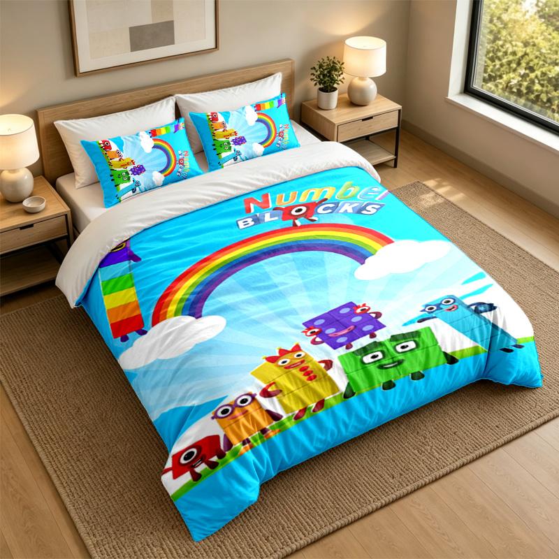 Soft Bedding Set Numberblocks Pattern, 1 Duvet Cover plus 2 Pillowcases Stylish Bedroom Home Textile