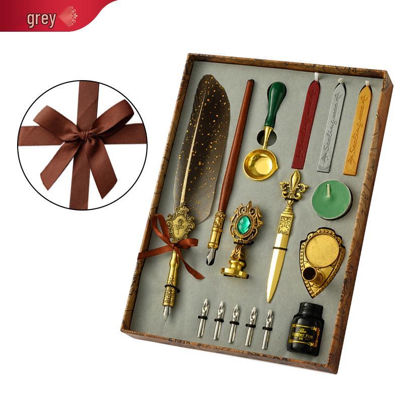 British Style Gold Splatter Feather Pen Set with Custom Logo - Ink Dipping Set, Birthday Gift