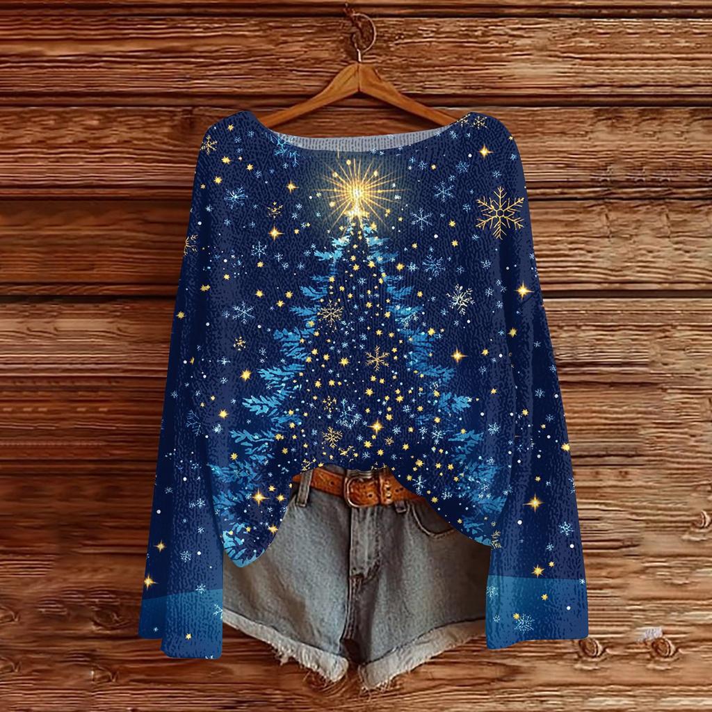 Женский модный пуловер с круглым вырезом и длинными рукавами с рождественским принтом, повседневный топ-свитер