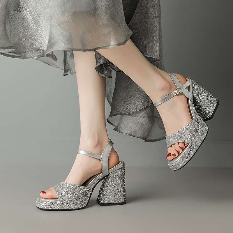 Krazing Pot Sequin Cloth Peep Toe Super High Heels Summer Shoes Buckle Straps Modern Party Fashion Women Sandals