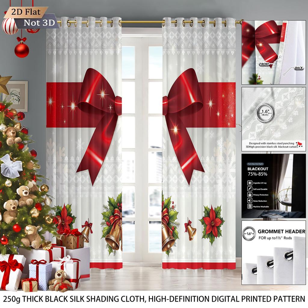 2Pcs Christmas Red Bow Print Blackout Curtains Multiple Size Living Room Bedroom Insulation Holiday Decoration Machine Washable
