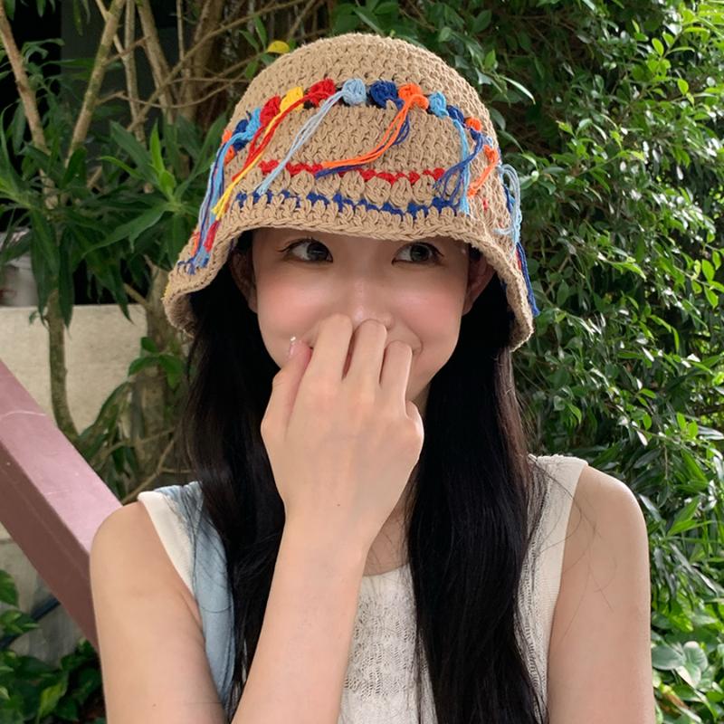 Корейская свежая ручная вязка крючком цветная бахрома шляпа-ведро для женщин весна-лето путешествия повседневная милая универсальная хлопковая вязаная шапка