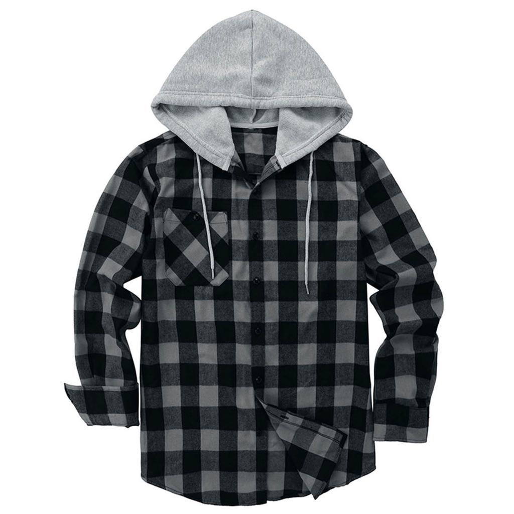  Plaid Pattern Men's Long Sleeve Hooded Shirt Jacket With Chest Pocket, Men's Casual Fall And Winter Coat