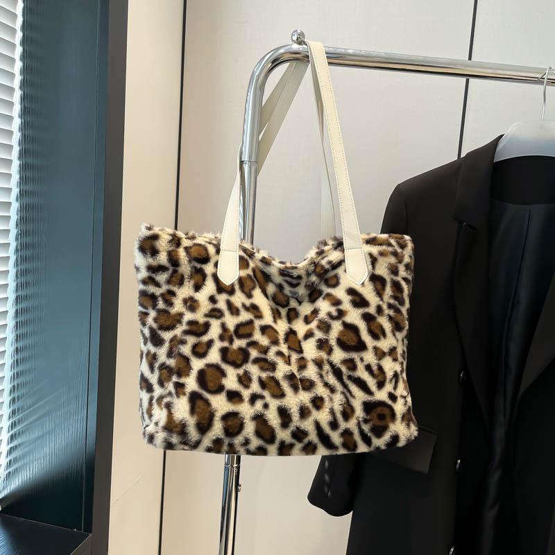 Вместительная пушистая сумка с леопардовым принтом Майяр, женская универсальная сумка-тоут для通勤, сумка через плечо
