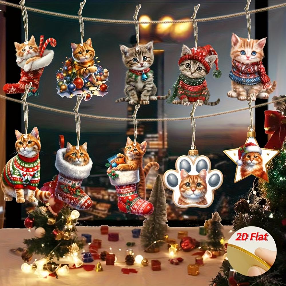 2D Flat Wooden Christmas Cat Pendant 10-piece Set - Holiday Tree Decoration, a Must for Holiday Atmosphere, Suitable for Halloween, Christmas, Gifts