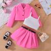 Girls Long Sleeve Top Short Vest Suspender Pleated Skirt Three-piece Set