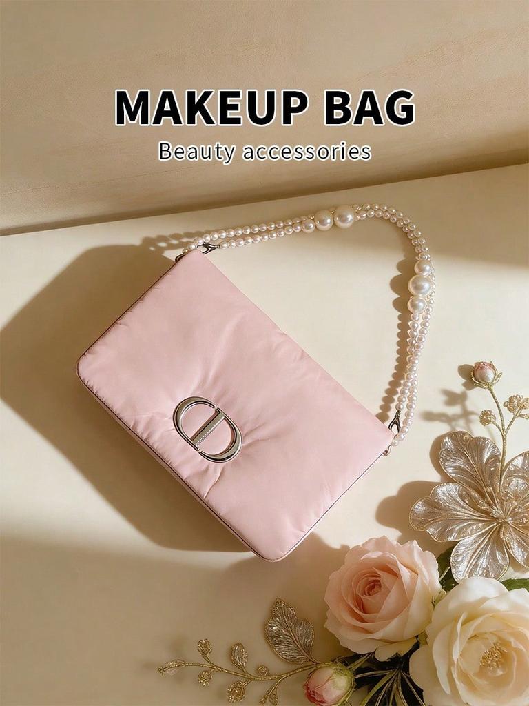 Dior Сумка для макияжа своими руками, Портативная розовая косметичка-органайзер с ремешком-цепочкой с жемчугом, Большая вместимость, Дорожный органайзер для косметики для женщин