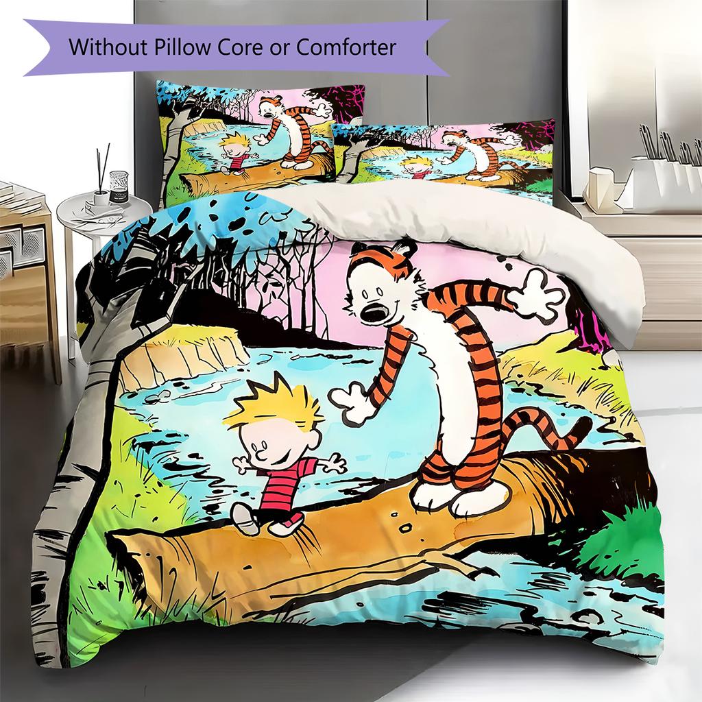 Calvin and Hobbes Pattern Bedding Quilt Set Quilt Cover Pillowcase Home Decoration Gift (1 * duvet cover + 2 * pillowcase, without core)