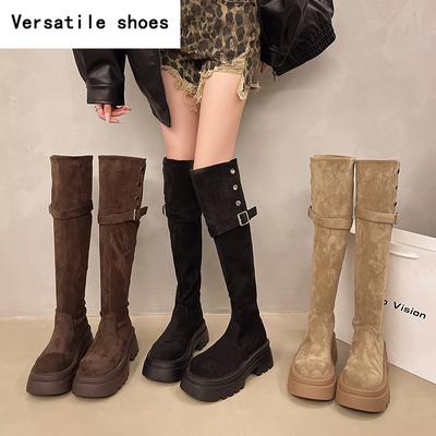 Дизайнерские женские сапоги выше колена на квадратном каблуке с платформой, осенне-зимние, без застежек, лаконичные, длинные, женские сапоги