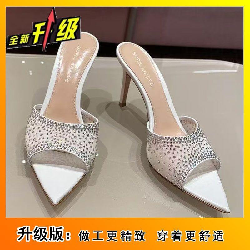 Высококачественная сетчатая пряжа со стразами, полудрагоценная, летняя новая модель 2025 года, модная верхняя одежда, не надоедает, женские босоножки с одним словом на высоком каблуке