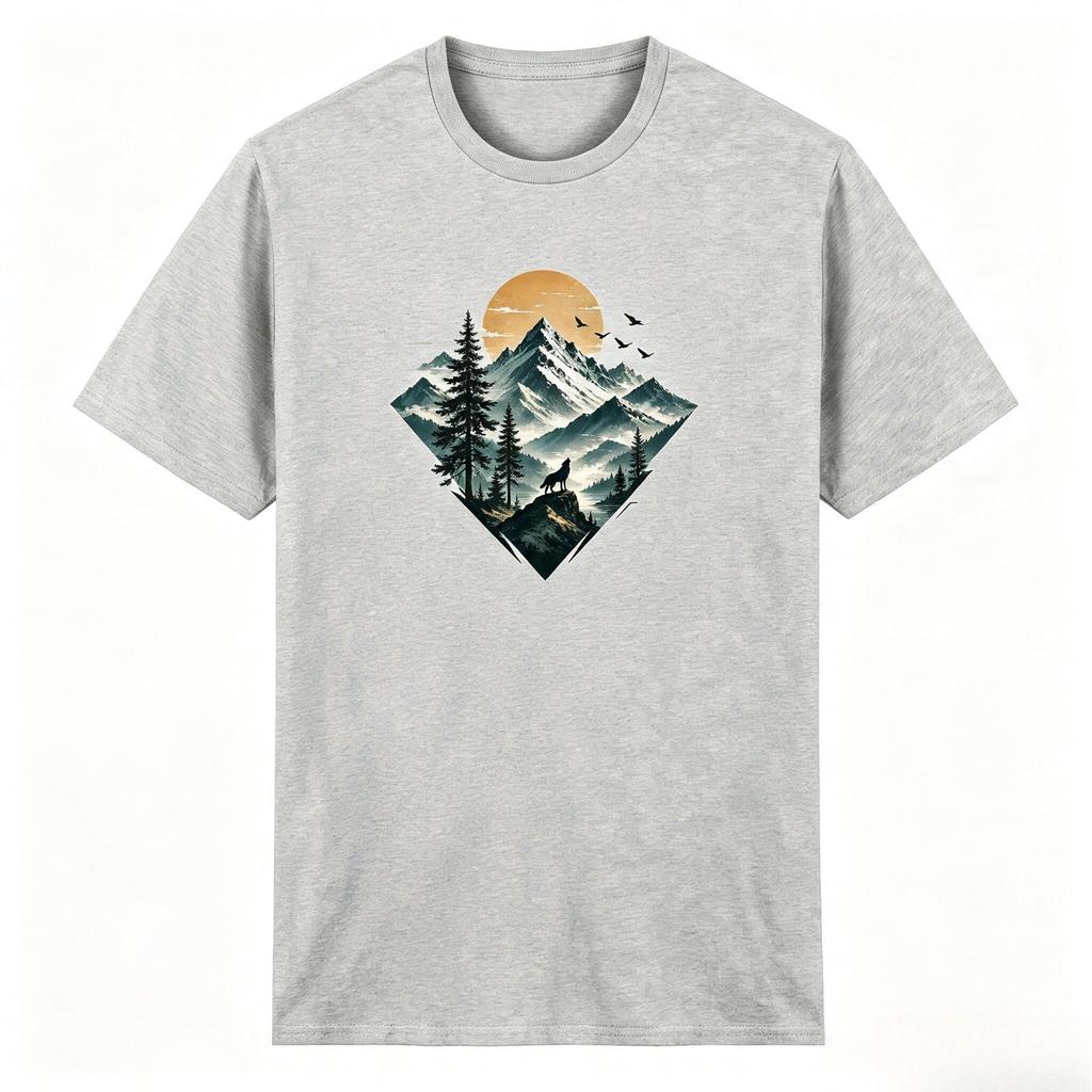 Unisexs Tshirt With Wolf And Mountain Graphic Nature Motif Heavy Cotton Tee For Outdoor Enthusiasts Hiking Shirt Adventure Gift