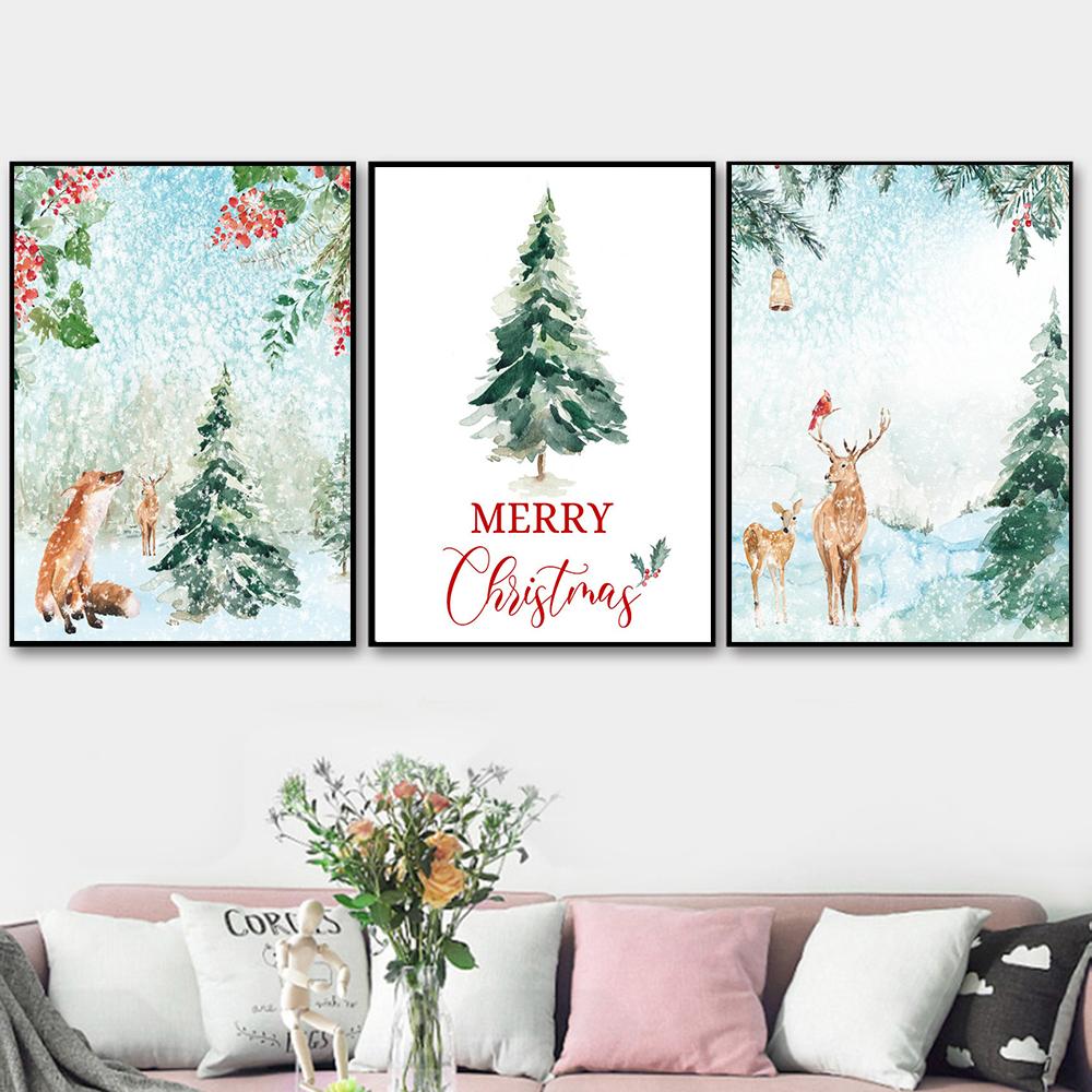 Winter Wonderland Print Christmas Wall Art Canvas Painting Gift Nordic Tree Garland Poster For Living Room Home Decoration