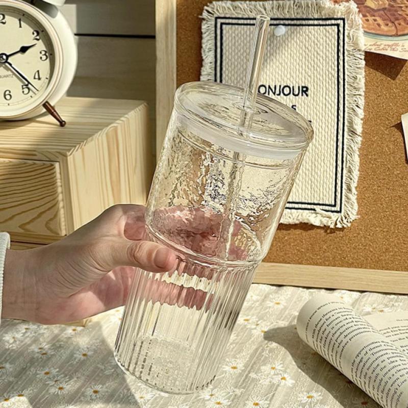 600Ml Large Capacity Stripe Glass Cup With Lid And Straw Transparent Drinking Glasses Water Cup Outdoor Drinkware Mug