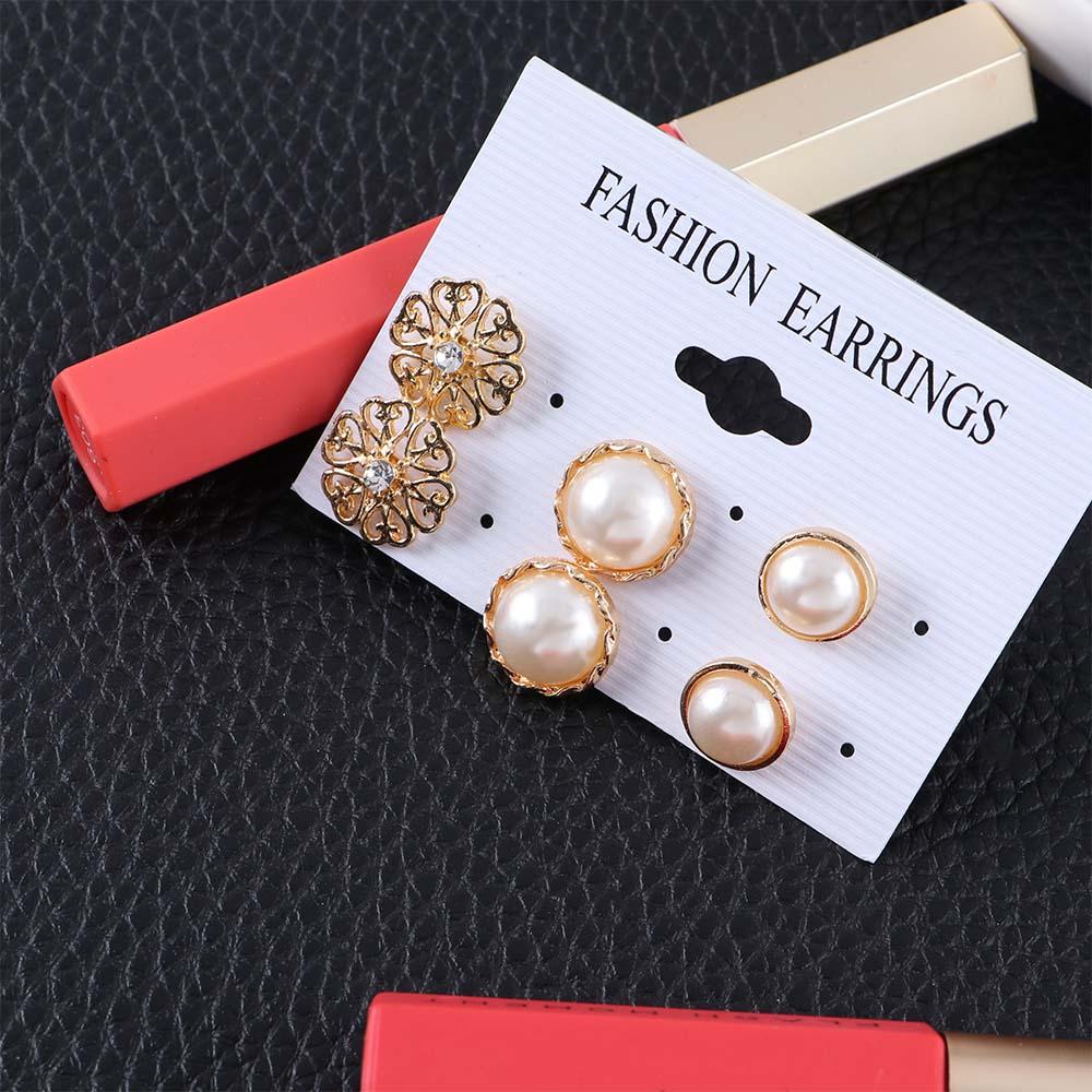 6 Pair/Lot Flower Simulated Pearl Round Gold Color Jewelry Stud Earrings Accessories Earring Sets