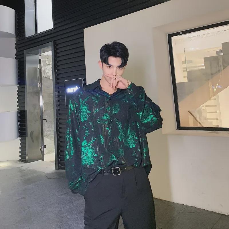 Men's Retro Rose Print Loose Western-Style Shiny Shirt for Trendy Hairdressers