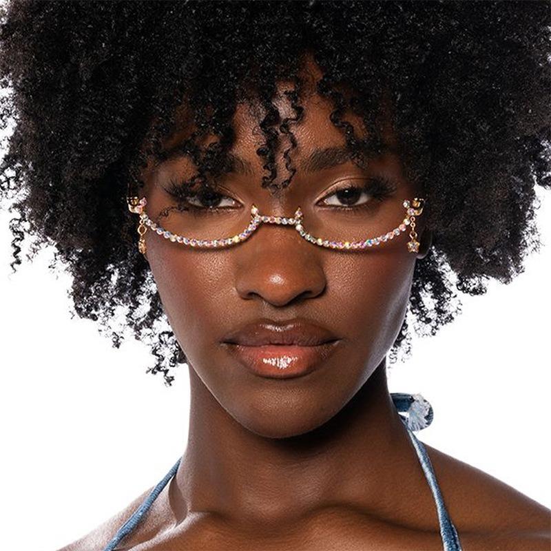 Crystal Rhinestone Half Frame Glasses No Lens Luxury Silver Diamond Eyewear Aesthetic Tassel Pendant Sexy Party Decor Jewelry