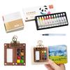 Mini Watercolor Palette Set 12/24 Color Pocket Travel Watercolor Painting Kit with Wooden 8/15 Grid Paint Box Sketchbook Pen Binder Clip