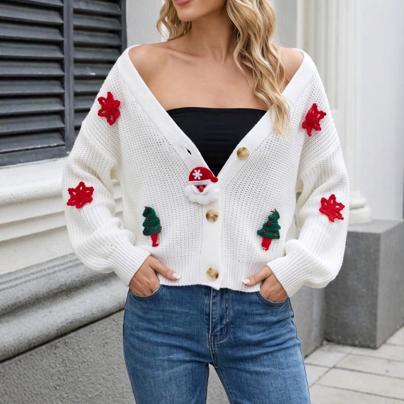 Womens 3D Crochet Christmas Sweater Cardigan Loose Knit V-Neck Long Sleeve Fall Winter Outerwear