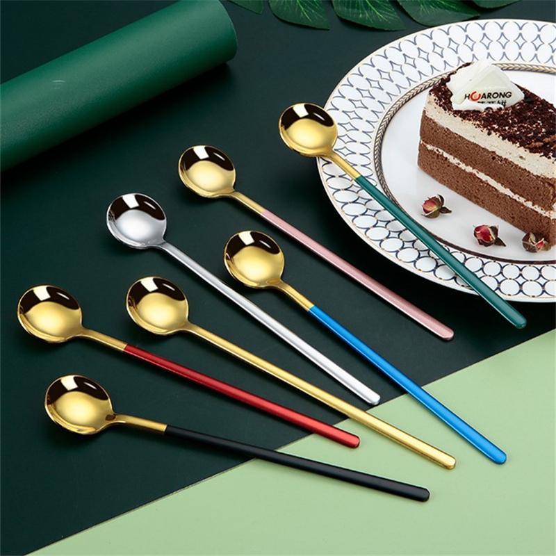 Long Handle Coffee Mixing Spoon Stainless Steel Round Head Ice Cream Dessert Teaspoon Gold Tableware Kitchen Dinnerware Utensil