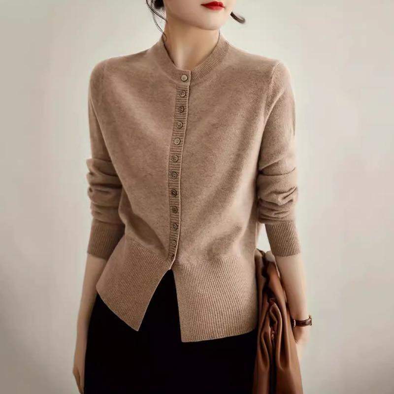 Женский весенне-летний кардиган с приталенным воротом, длинный рукав, круглый вырез, вязаный свитер