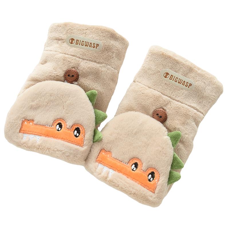 Children's Plush Gloves Half Finger Flip Outdoor Cycling Gloves Cartoon Crocodile