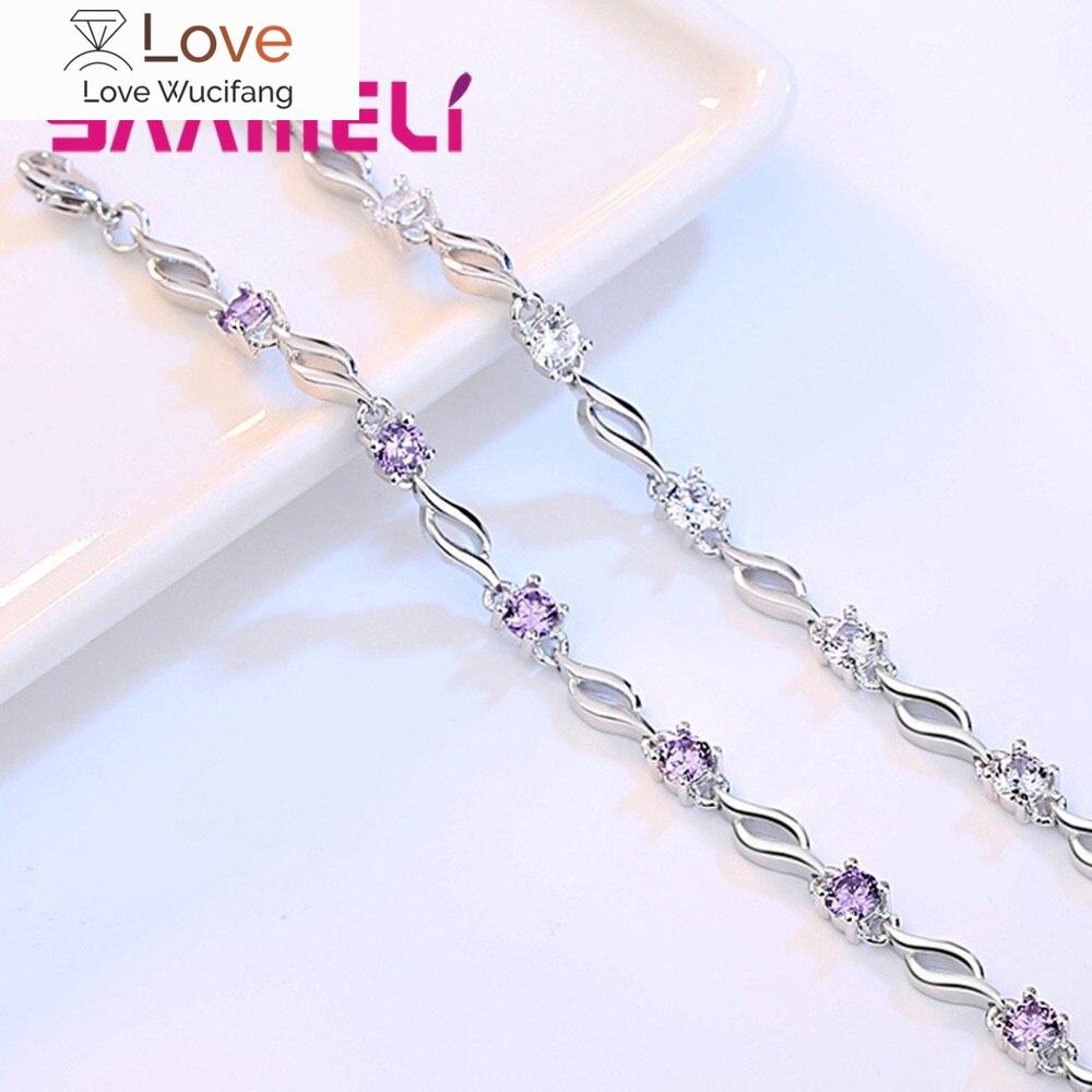 Новые фиолетовые белые циркониевые помолвочные украшения для женщин женские 925 пробы серебряные звенья цепи браслеты изящный дизайн