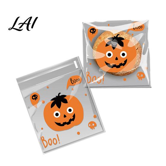 Self Adhesive Treat Bags 100 Pcs Small Halloween Bags Seal Clear Candy Dessert Snack Cookie Trick or Party Favors for Holiday Cute Cartoon Pouches