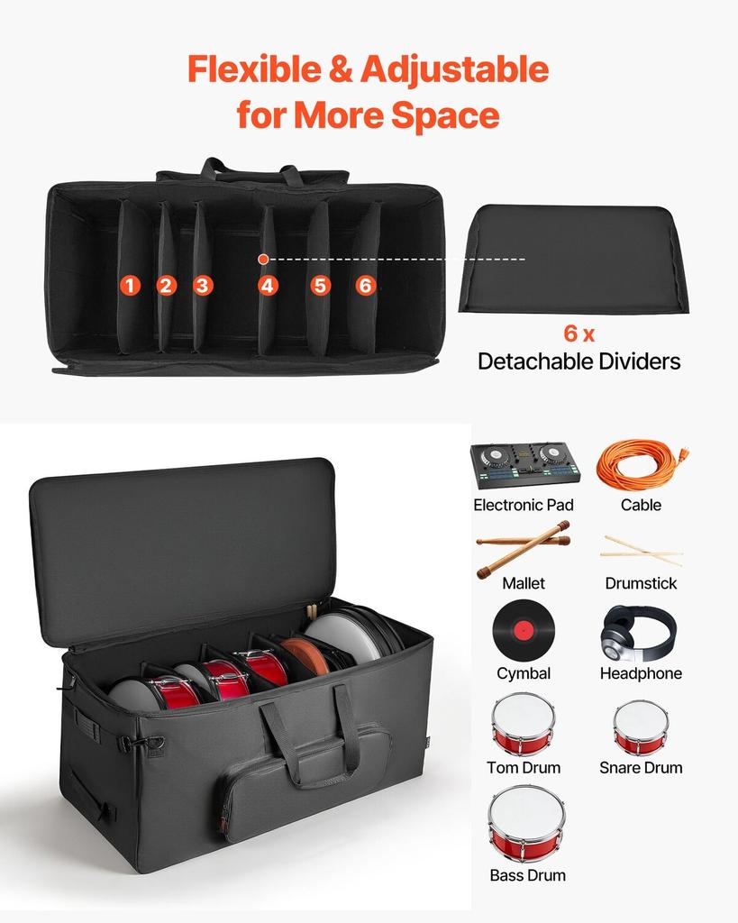 Electronic Drum Kit Bag, 600D, Padded Drum Bag with Wheels, Large 920 x 420 x 410 mm Interior, Lightweight Travel Case with Detachable Dividers, and