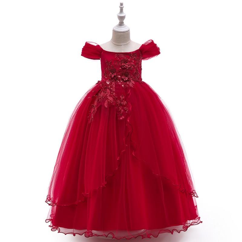 Girls Long Princess Dress Off Shoulder Applique Tulle Formal Gown Kids Pageant Wedding Party