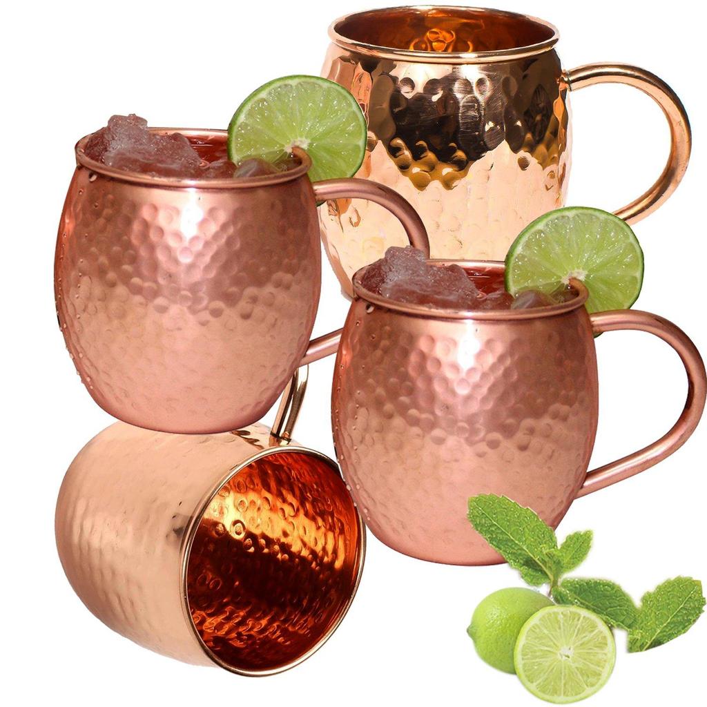 Кружка Prisha India Craft с медной бочонком для чашки Moscow Mules, кованый дизайн, емкость 520 мл, набор из 4 шт.