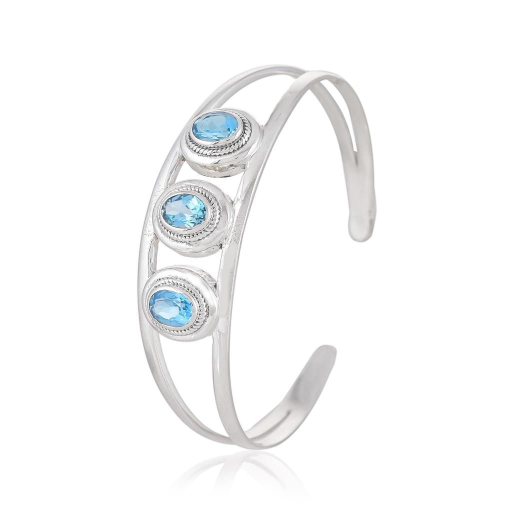 Blue Topaz Cuff Bracelet: Oval Gemstone, Sterling Silver