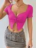 2026 Elegant Woman Sexy Hottie Design Chest Twist Ruffle Deep Solid Color V-Neck Short Top