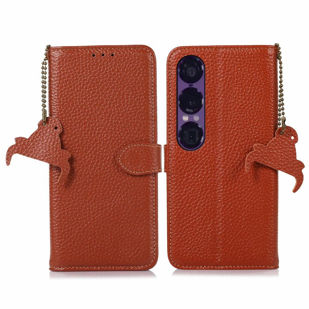 For Sony Xperia 1 VII Case RFID Blocking Genuine Cow Leather Phone Cover Litchi Texture
