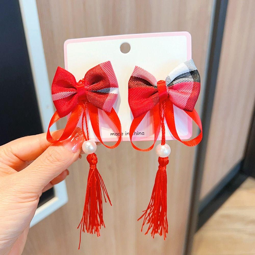 2 шт., заколка для волос в китайском стиле с красным бантом, головной убор ханьфу, новогодняя заколка сбоку, детская заколка для волос