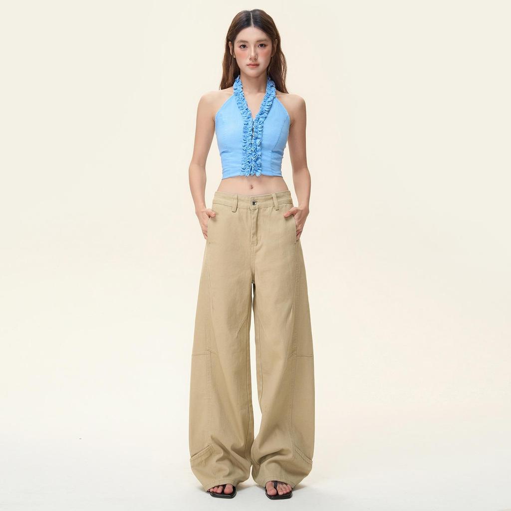 Women's Autumn Retro Khaki Wide-Leg Floor-Length Jeans