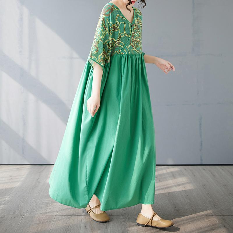 DIMANAF 2025 Лето Новое Платье Большого Размера Базовое Женское Повседневное Свободное Длинное Винтажное Платье Макси с V-образным Вырезом и Плиссировкой