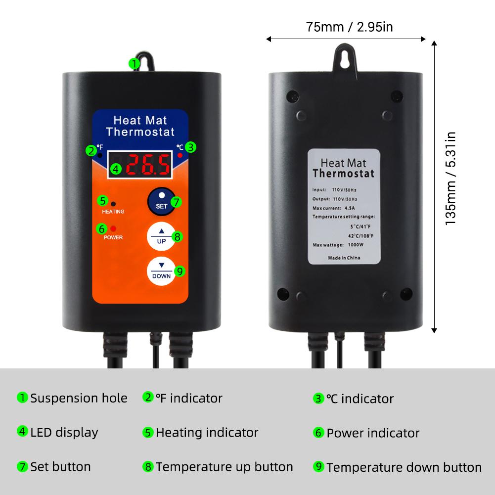 Digital Heat Mat Thermostat 1000W 41 to 108 Fahrenheit  Temperature Controller with LED Display for Seedlings Hydroponic Germination Reptiles Fermenta