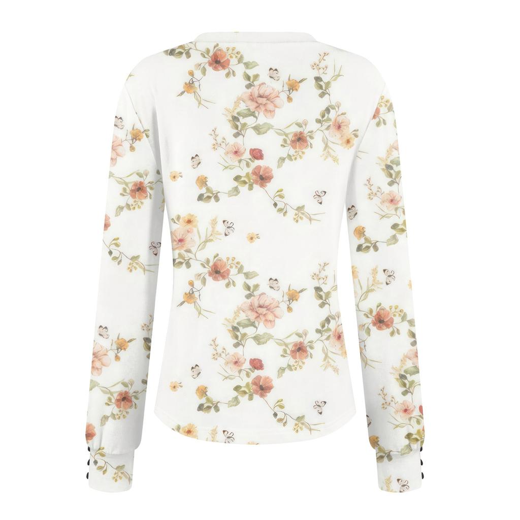 Женские топы с цветочным принтом, рубашка с длинным рукавом и V-образным вырезом, повседневная свободная футболка, осенняя одежда